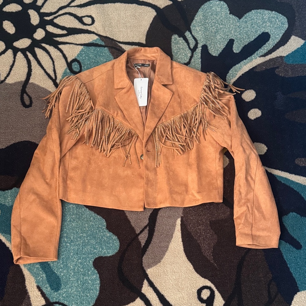 Women’s Brown Faux Suede Fringe Cropped Western Blazer Jacket (Size: Large)